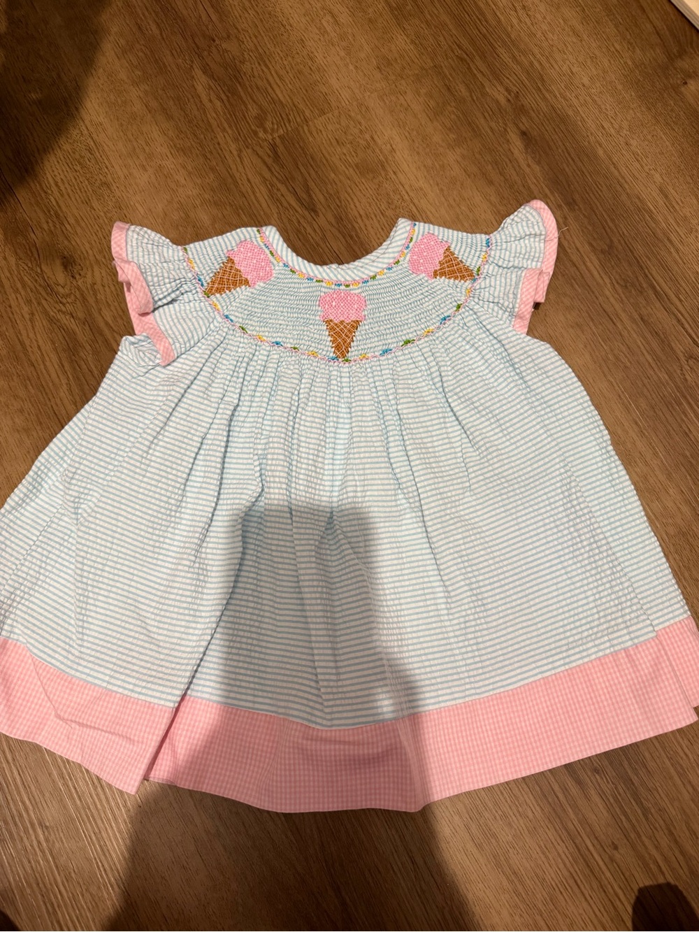 Smocked Ice Cream Seersucker Dress in Light Blue and Pink